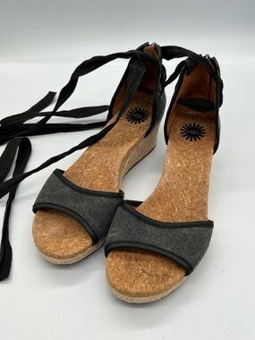 Women's UGG Black Cork Wedge Sandals with Ankle Wrap